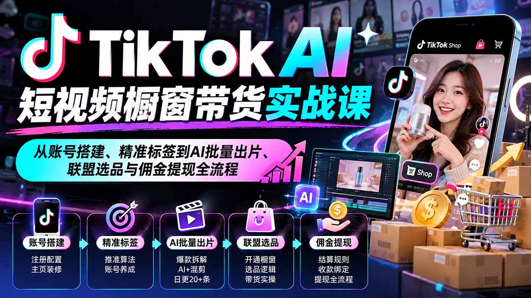 TikTok AI短视频橱窗带货实战课：从账号搭建、精准标签到AI批量出片、联盟选品与佣金提现全流程-副业网