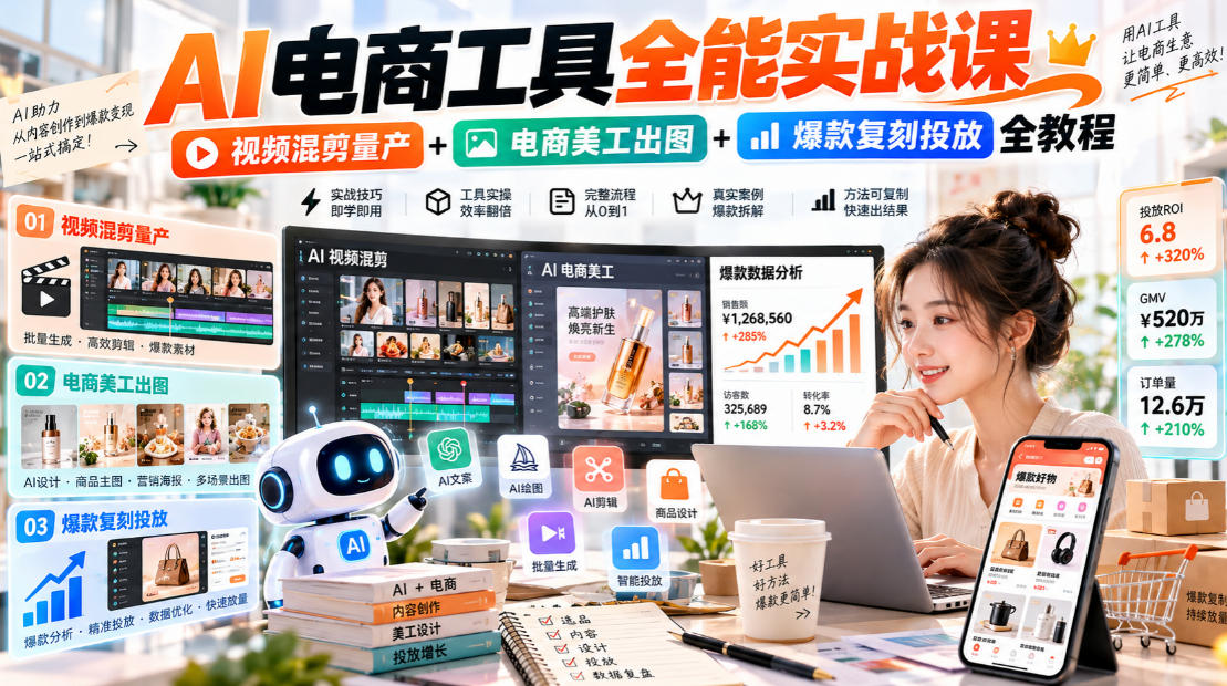 AI电商工具全能实战教学,视频混剪量产+电商美工出图+爆款复刻投放全教程-副业网