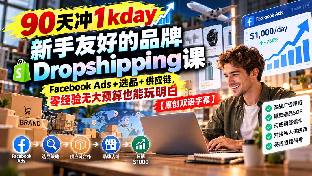 90天冲1kday 新手友好的品牌Dropshipping课:Facebook Ads+选品+供应链,零经验无大预算也能玩明白【原创双语字幕】-副业网
