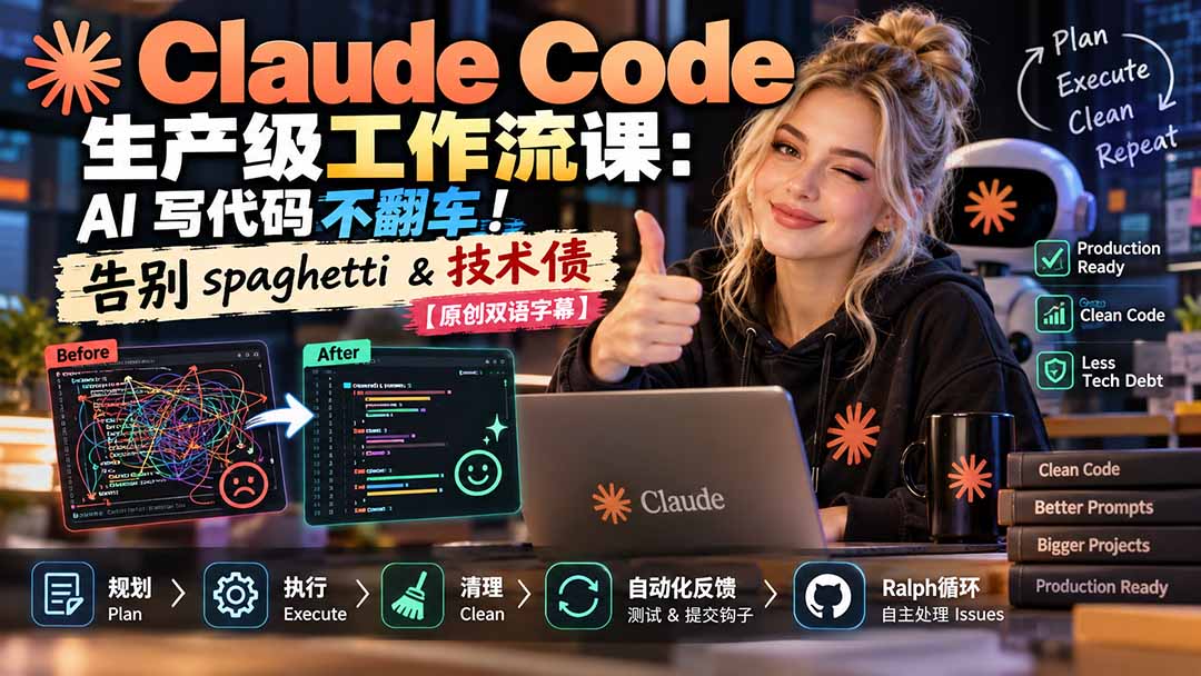 Claude Code 生产级工作流课:AI 写代码不翻车!告别 spaghetti & 技术债【原创双语字幕】-副业网
