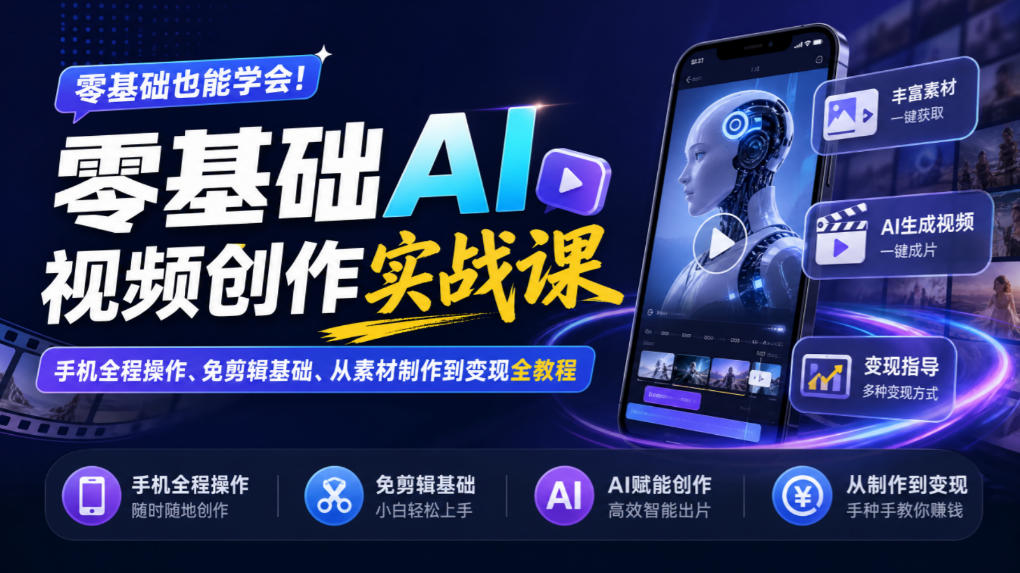 零基础AI视频创作实战课|手机全程操作、免剪辑基础、从素材制作到变现全教程-副业网