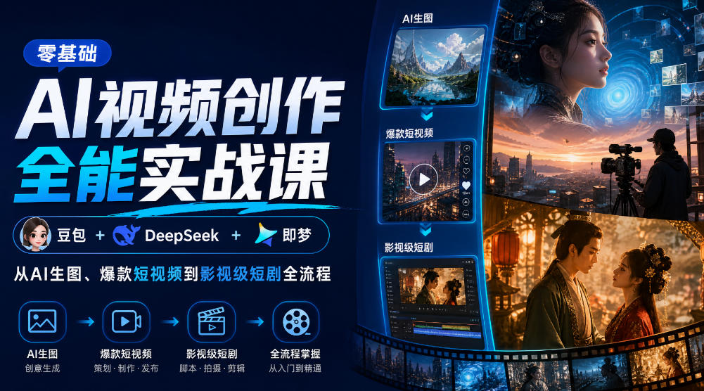 零基础AI视频创作全能实战课|豆包+DeepSeek+即梦,从AI生图、爆款短视频到影视级短剧全流程-副业网