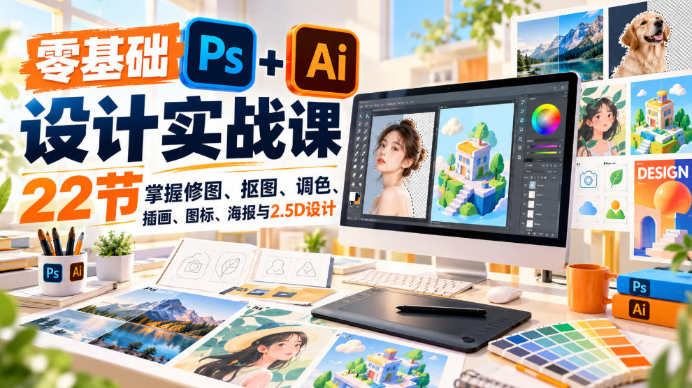【无水印】零基础PS+AI设计实战课｜22节掌握修图、抠图、调色、插画、图标、海报与2.5D设计-副业网