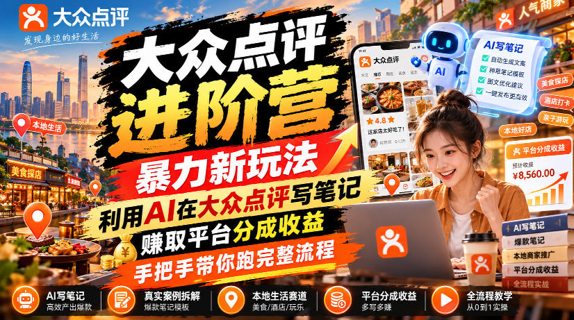 大众点评进阶营,暴力新玩法,利用AI在大众点评写笔记, 賺取平台分成收益,手把手带你跑完整流程-副业网