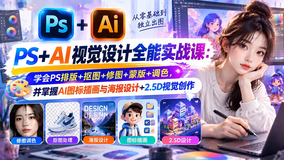 【无水印】PS+AI视觉设计全能实战课：学会PS排版+抠图+修图+蒙版+调色，并掌握AI图标插画与海报设计+2.5D视觉创作-副业网