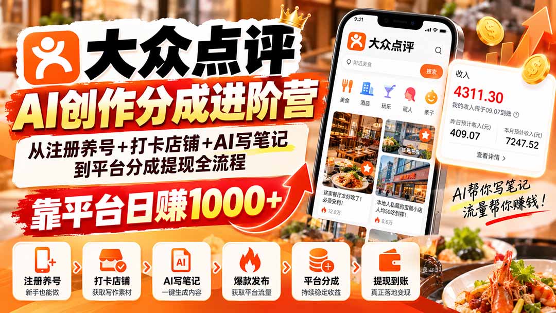 大众点评AI创作分成进阶营:从注册养号+打卡店铺+AI写笔记到平台分成提现全流程,靠平台日赚1000+-副业网