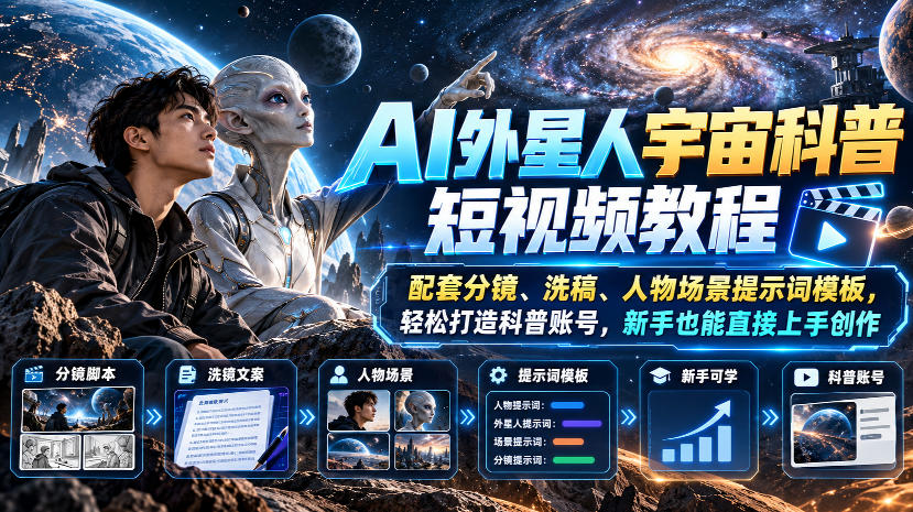 AI外星人宇宙科普短视频教程,配套分镜、洗稿、人物场景提示词模板,轻松打造科普账号,新手也能直接上手创作-副业网