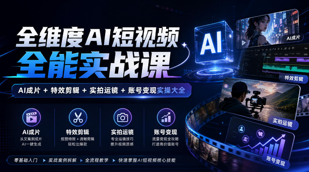 全维度AI短视频全能实战课,AI成片+特效剪辑+实拍运镜+账号变现实操大全-副业网