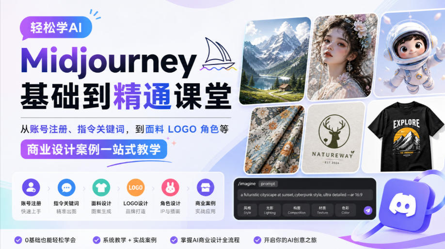 轻松学AI Midjourney基础到精通课堂,从账号注册、指令关键词,到面料LOGO角色等商业设计案例一站式教学-副业网