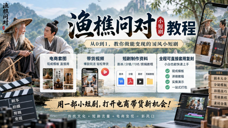 渔樵问对小短剧教程，包含电商套图、带货视频，短剧制作资料，全程可直接套用复刻-副业网