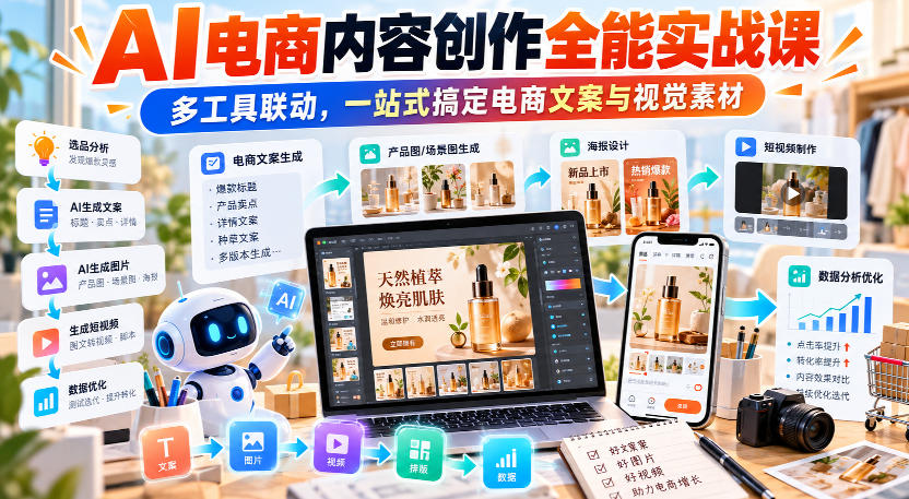 【无水印】AI电商内容创作全能实战课｜多工具联动，一站式搞定电商文案与视觉素材-副业网