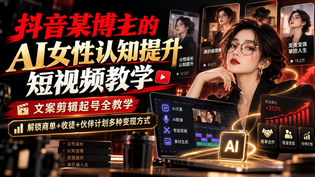 抖音某博主的Ai女性认知提升短视频教学,文案剪辑起号全教学,解锁商单+收徒+伙伴计划多种变现方式-副业网