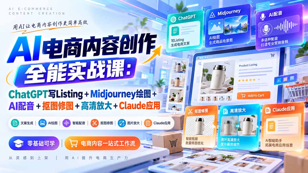 【无水印】AI电商内容创作全能实战课:ChatGPT写Listing+Midjourney绘图+AI配音+抠图修图+高清放大+Claude应用-副业网