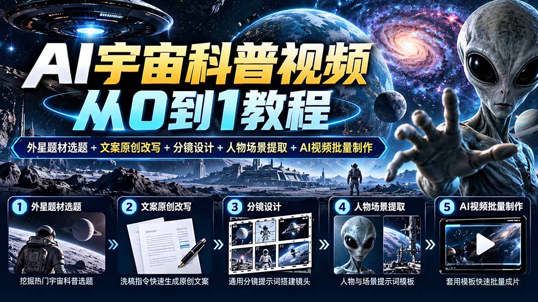 AI宇宙科普视频从0到1教程|外星题材选题+文案原创改写+分镜设计+人物场景提取+AI视频批量制作-副业网