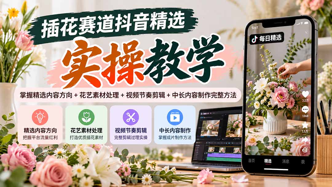 图片[2]-插花赛道抖音精选实操教学：掌握精选内容方向+花艺素材处理+视频节奏剪辑+中长内容制作完整方法-副业网