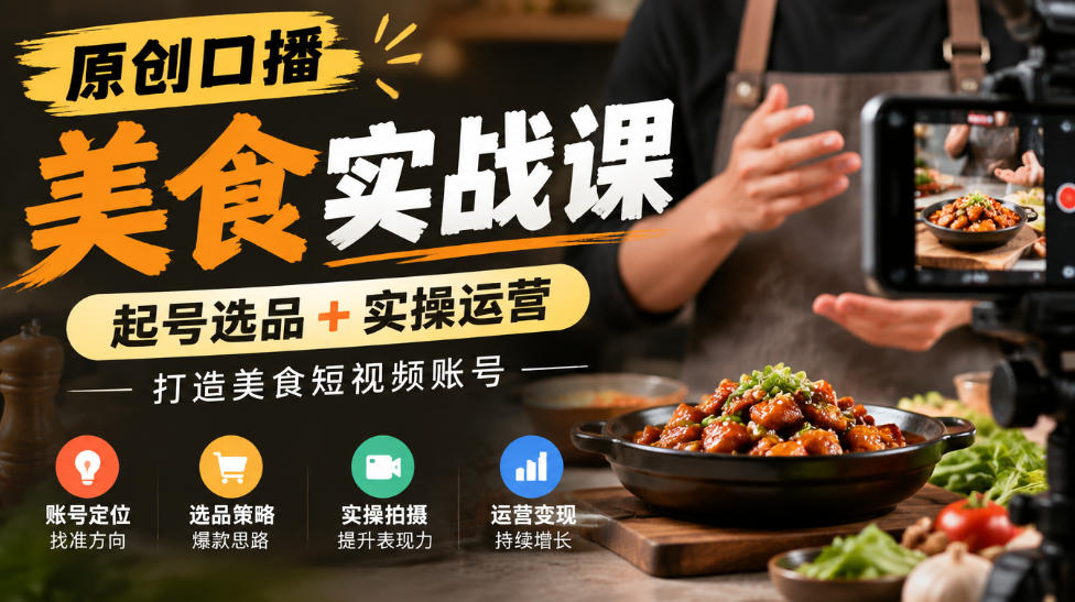 原创口播美食实战课，起号选品+实操运营，打造美食短视频账号-副业网