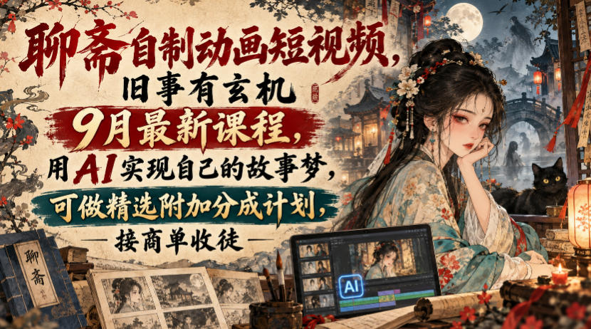 聊斋自制动画短视频,旧事有玄机9月最新课程,用AI实现自己的故事梦,可做精选附加分成计划,接商单收徒-副业网