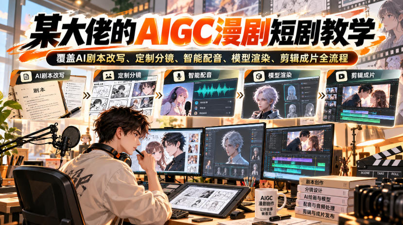 某大佬的AIGC漫剧短剧教学,覆盖AI剧本改写、定制分镜、智能配音、模型渲染、剪辑成片全流程-副业网