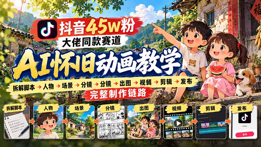 抖音45W粉大佬同款赛道AI怀旧动画教学:拆解脚本→人物→场景→分镜→出图→视频→剪辑→发布完整制作链路-副业网
