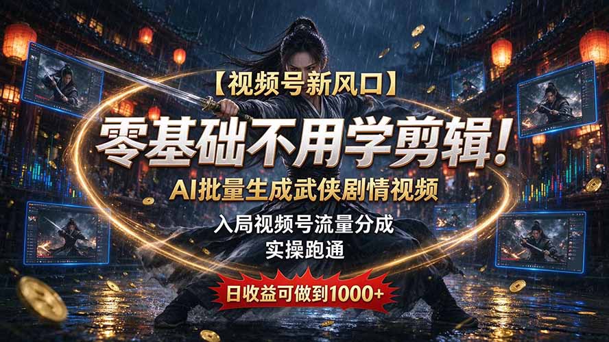 【视频号新风口】零基础不用学剪辑!AI 批量生成武侠剧情视频,入局视频号流量分成,实操跑通,日收益可做到 1000+-副业网