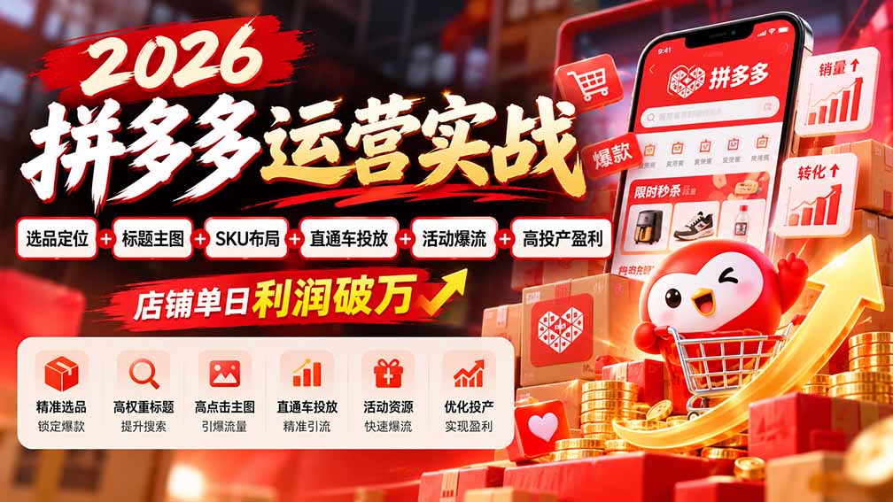 2026拼多多运营实战-更新1002：选品定位+标题主图+SKU布局+直通车投放+活动爆流+高投产盈利 店铺单日利润破万-副业网