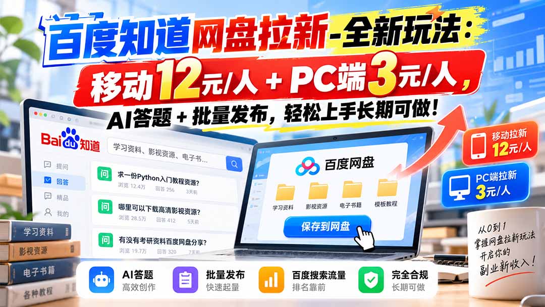 百度知道网盘拉新-全新玩法:移动12元/人+PC端3元/人,AI答题+批量发布,轻松上手长期可做!-副业网