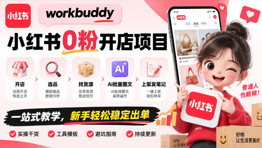 workbuddy小红书0粉开店项目,开店、选品、找货源、AI批量图文、上架发笔记一站式教学,新手轻松稳定出单-副业网
