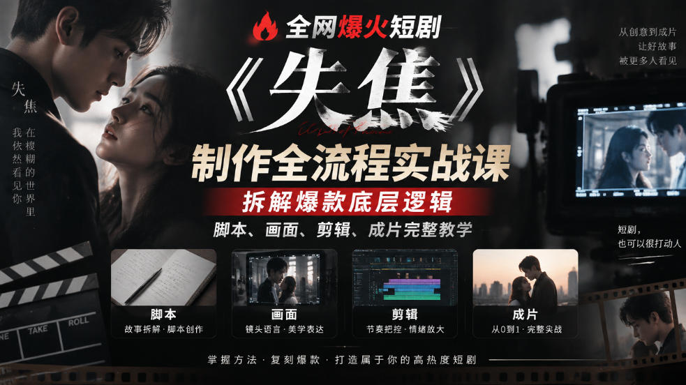 全网爆火短剧《失焦》制作全流程实战课|拆解爆款底层逻辑,脚本、画面、剪辑、成片完整教学-副业网