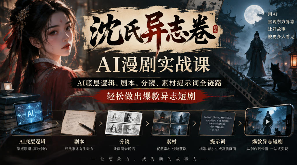 沈氏异志卷AI漫剧实战课|AI底层逻辑、剧本、分镜、素材提示词全链路,轻松做出爆款异志短剧-副业网