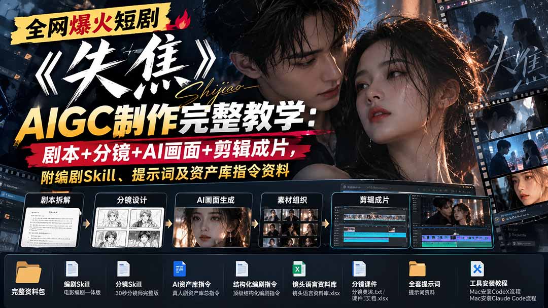全网爆火短剧《失焦》AIGC制作完整教学:剧本+分镜+AI画面+剪辑成片,附编剧Skill、提示词及资产库指令资料-副业网