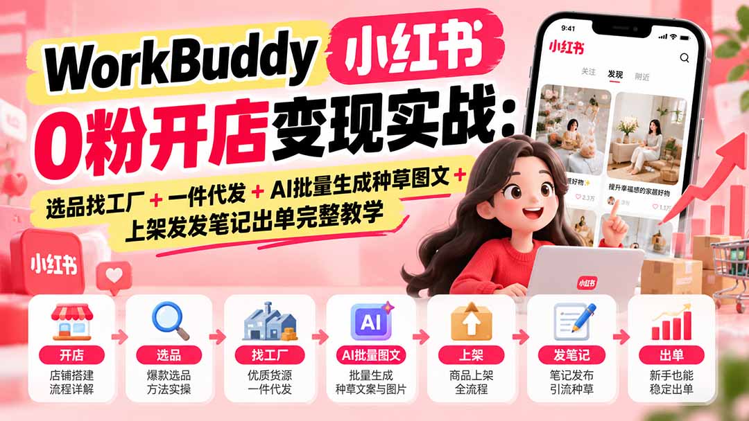 WorkBuddy小红书0粉开店变现实战：选品找工厂+一件代发+AI批量生成种草图文+上架发发笔记出单完整教学-副业网