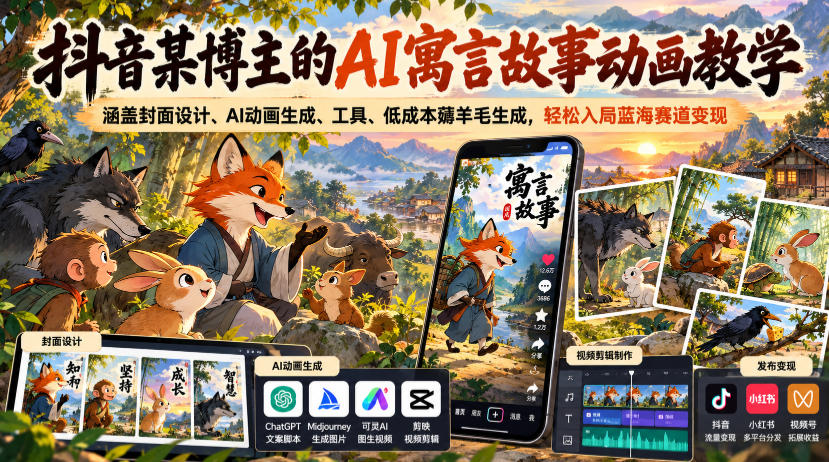 抖音某博主的AI寓言故事动画教学,涵盖封面设计、AI动画生成、工具、低成本薅羊毛生成,轻松入局蓝海赛道变现-副业网