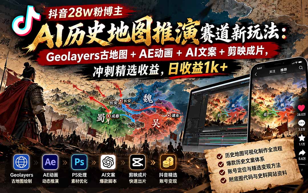 抖音28W粉博主AI历史地图推演赛道新玩法：Geolayers古地图+AE动画+AI文案+剪映成片，冲刺精选收益，日收益1k+-副业网