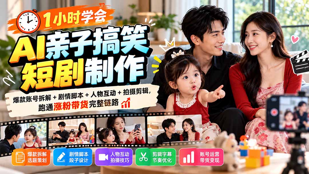 1小时学会AI亲子搞笑短剧制作:爆款账号拆解+剧情脚本+人物互动+拍摄剪辑,跑通涨粉带货完整链路-副业网