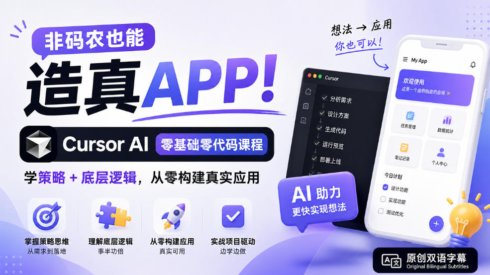 非码农也能造真APP!Cursor AI零基础零代码课程:学策略+底层逻辑,从零构建真实应用【原创双语字幕】-副业网
