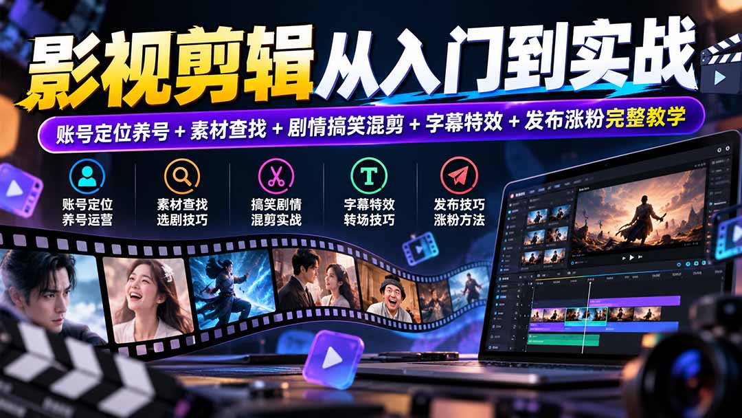 影视剪辑从入门到实战:账号定位养号+素材查找+剧情搞笑混剪+字幕特效+发布涨粉完整教学-副业网