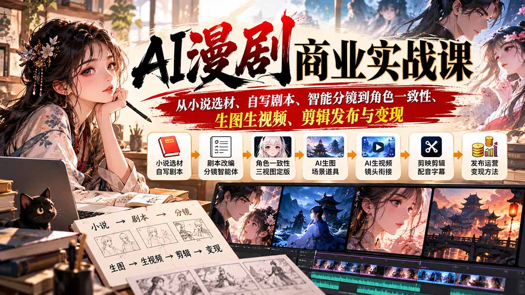 AI漫剧商业实战课:从小说选材、自写剧本、智能分镜到角色一致性、生图生视频、剪辑发布与变现-副业网