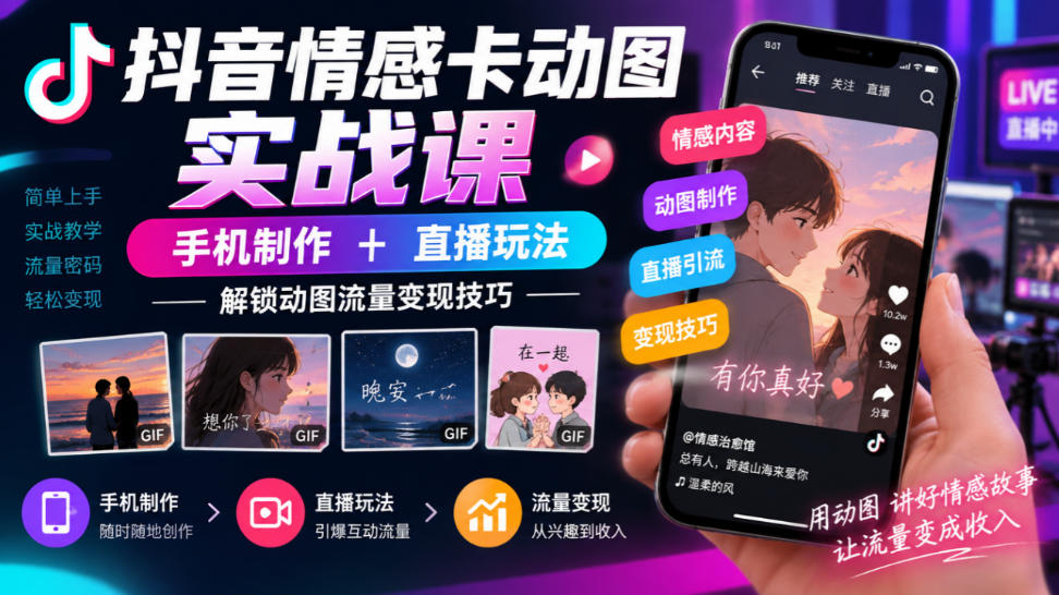 抖音情感卡动图实战课|手机制作+直播玩法,解锁动图流量变现技巧-副业网