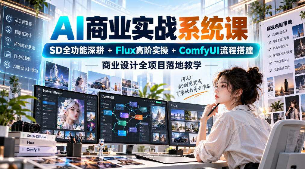AI商业实战系统课|SD全功能深耕+Flux高阶实操+Comfyui流程搭建,商业设计全项目落地教学-副业网