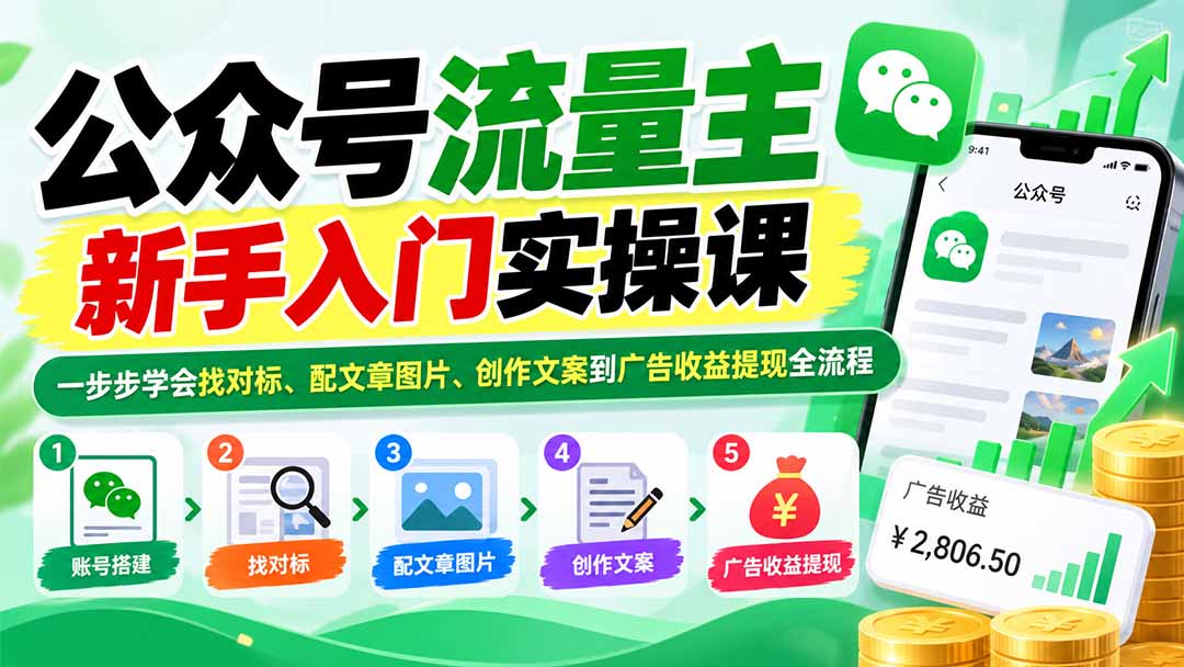 公众号流量主新手入门实操课:一步步学会找对标、配文章图片、创作文案到广告收益提现全流程-副业网