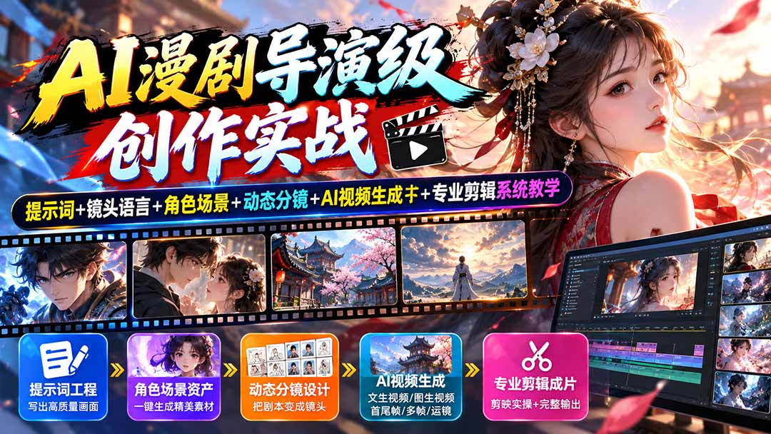 AI漫剧导演级创作实战:提示词+镜头语言+角色场景+动态分镜+AI视频生成+专业剪辑系统教学-副业网
