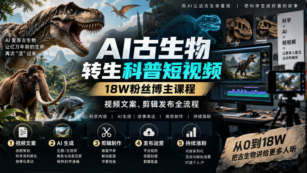AI古生物转生科普短视频,18W粉丝博主课程,视频文案、剪辑发布全流程-副业网