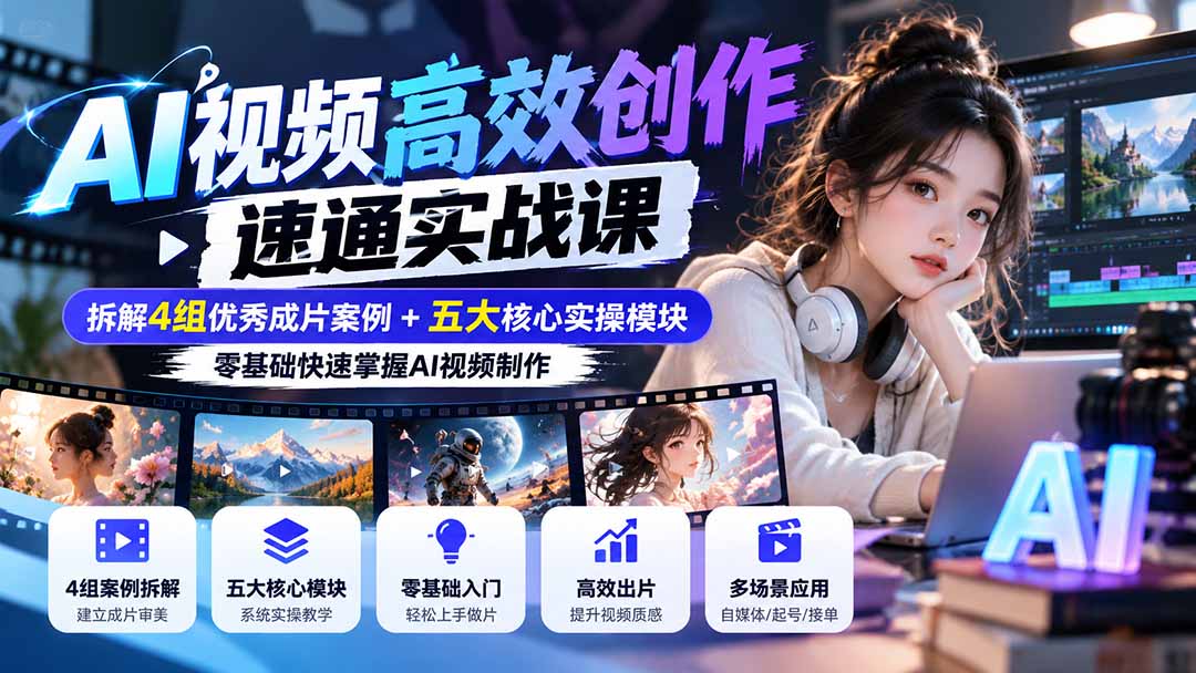 【无水印】AI视频高效创作速通实战课:拆解4组优秀成片案例+五大核心实操模块,零基础快速掌握AI视频制作-副业网