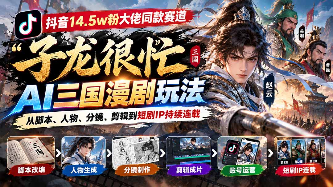 抖音14.5w粉大佬同款赛道「子龙很忙」AI三国漫剧玩法:从脚本、人物、分镜、剪辑到短剧IP持续连载-副业网