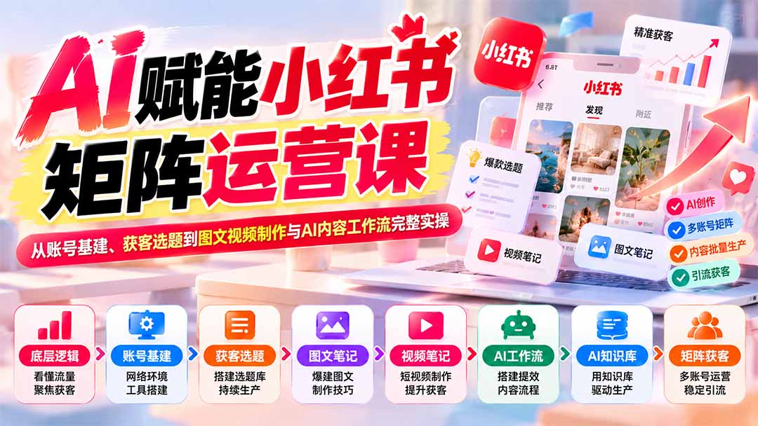 AI赋能小红书矩阵运营课：从账号基建、获客选题到图文视频制作与AI内容工作流完整实操-副业网