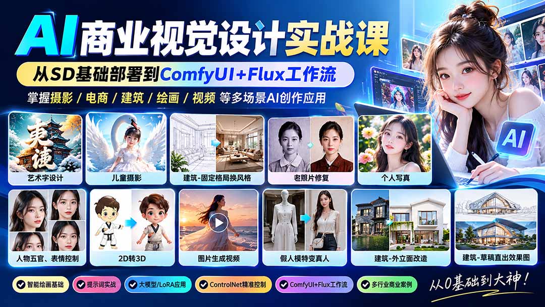 图片[2]-【无水印】AI商业视觉设计实战课：从SD基础部署到ComfyUI+Flux工作流，掌握摄影电商建筑AI创作-副业网