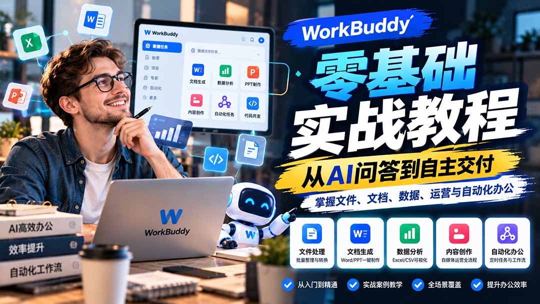 WorkBuddy零基础实战教程:从AI问答到自主交付,掌握文件、文档、数据、运营与自动化办公-副业网