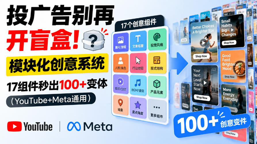 投广告别再开盲盒!模块化创意系统,17组件秒出100+变体(YouTube+Meta通用)【原创双语字幕】-副业网