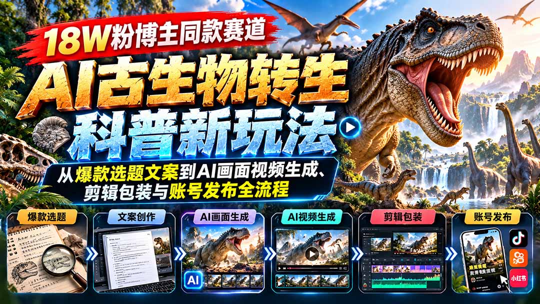 18W粉博主同款赛道-AI古生物转生科普新玩法:从爆款选题文案到AI画面视频生成、剪辑包装与账号发布全流程-副业网