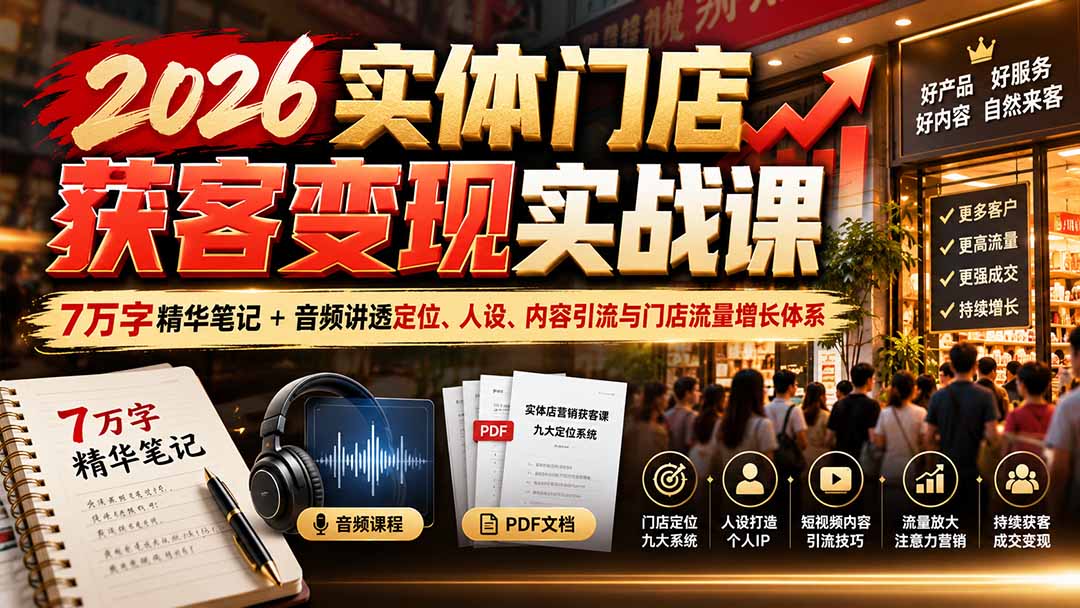 2026实体门店获客变现实战课:7万字精华笔记+音频讲透定位、人设、内容引流与门店流量增长体系-副业网